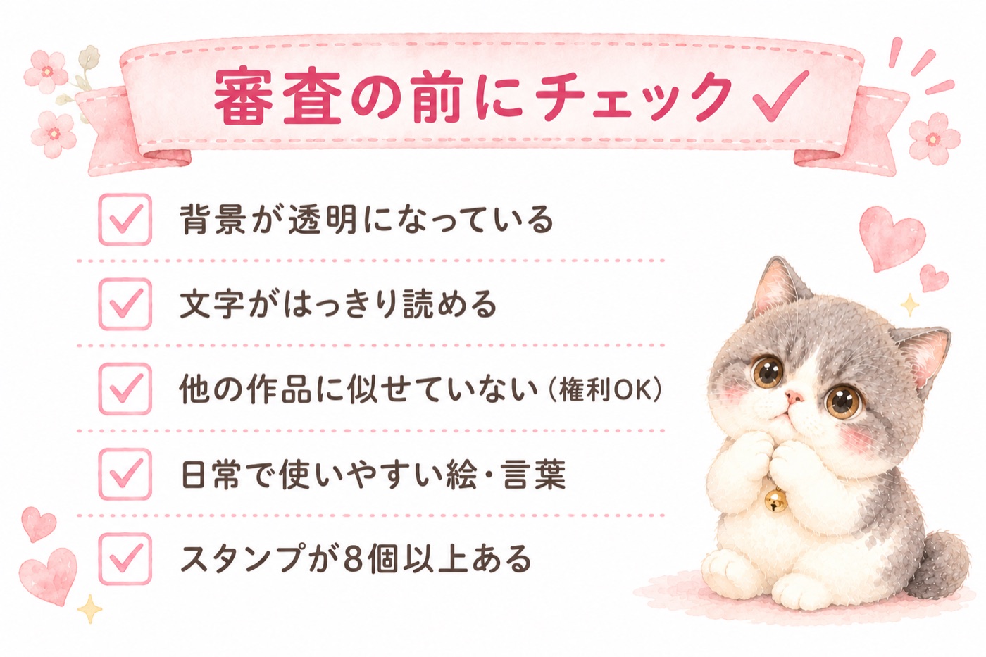 審査の前にチェック。背景が透明になっている/文字がはっきり読める/他の作品に似せていない(権利面で問題がない)/日常で使いやすい絵・言葉/スタンプが8個以上ある