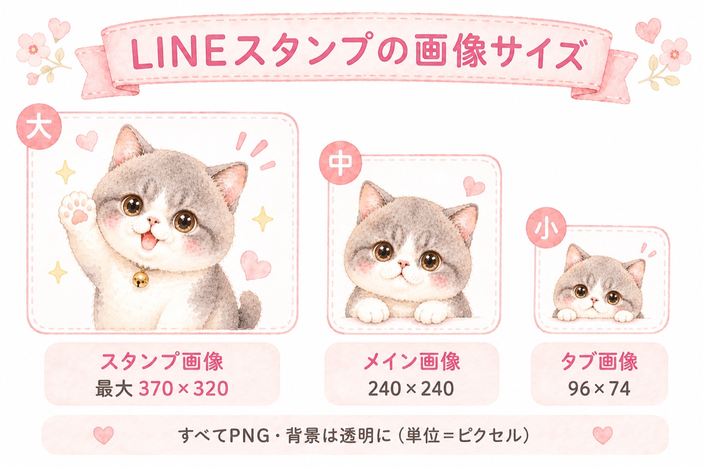 LINEスタンプの画像サイズ図解。スタンプ画像 最大370×320、メイン画像 240×240、タブ画像 96×74。すべてPNG・背景は透明に